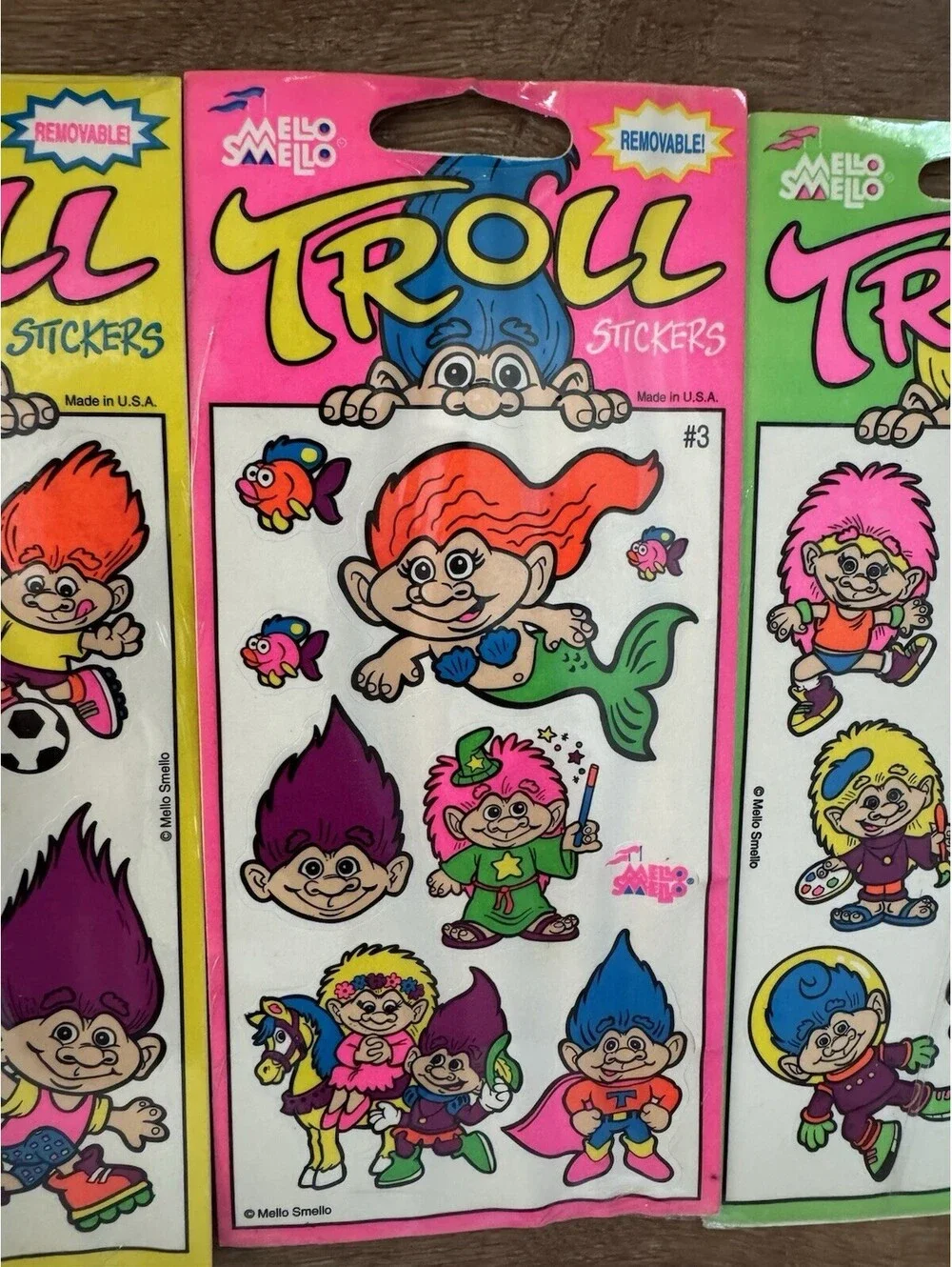 Vintage Mello Smello Troll Stickers Complete Set #1-4 Sealed Neon 4 Packs
